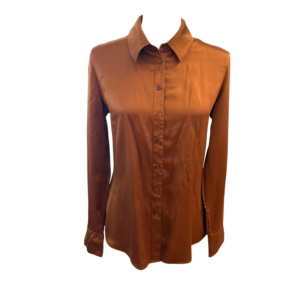 Ravella Womens 100% Pure Silk Satin Button Down Blouse Copper Brown Size S